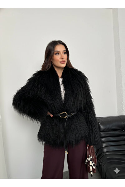 A&O Style Women's Oversized Comfortable Fit Collared Furry Soft Textured Belted Fur Coat