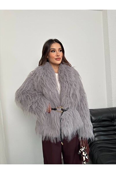 A&O Style Women's Oversized Comfortable Fit Collared Furry Soft Textured Belted Fur Coat