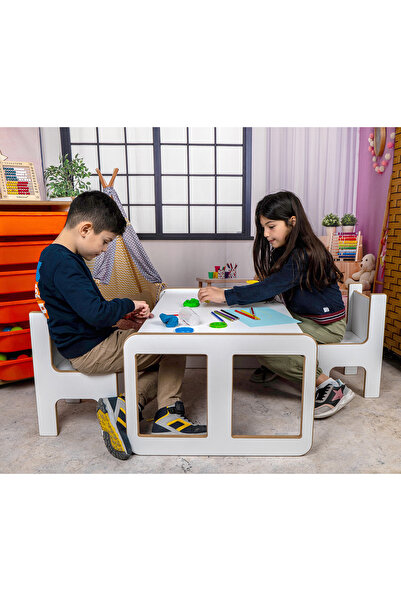 BEEVOLİ 2 Kişilik Çekmeceli Oyun, Aktivite, Etkinlik Masası, Beyaz-Gri, 18mm MDF