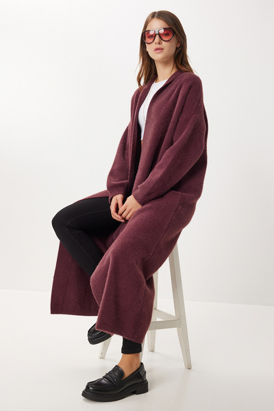 Lovelyİstanbul Soft Textured Long Knit Cardigan Lns0075 Mürdüm