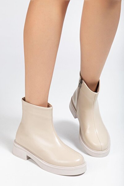 Aymood 02-3033 Beige Wrinkled Patent Leather Zippered Daily Women's Boots