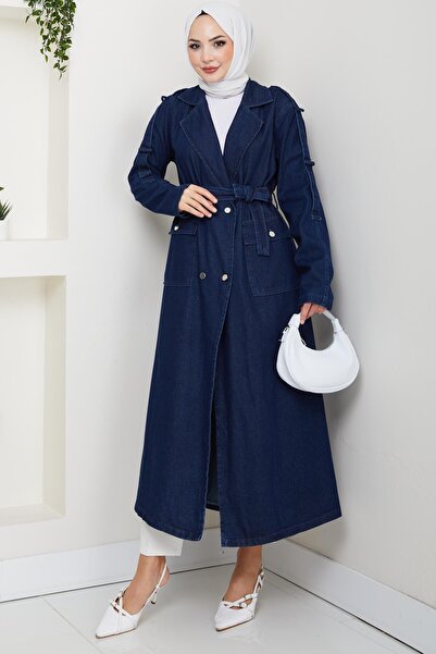 Hb Harma Time Butik Women's Belted Denim Navy Blue Trench Coat with Pockets