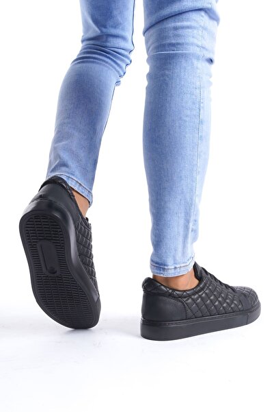 Lucy Shoes Slw166 Prestige Lace-Up Skin Quilted Patterned Men's Casual Sneaker Shoes Cst - Black