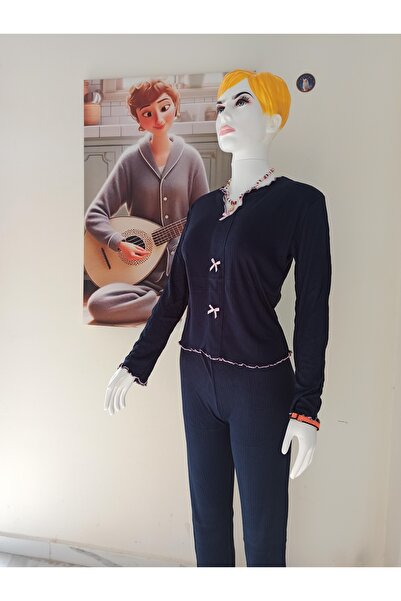 Hababamevi Navy Blue Women's Pajama Set with Ribbon