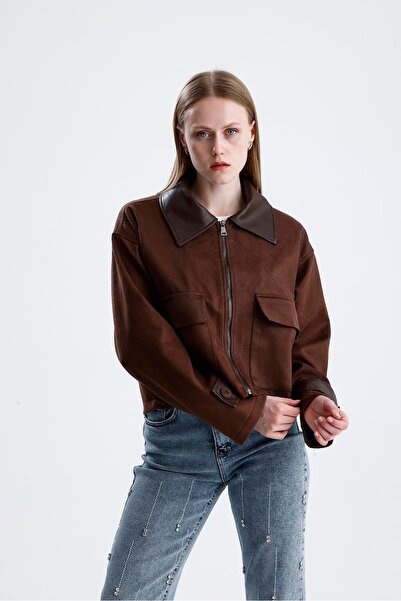 VAPUR TEKSTİL Leather Detailed Zippered Short Suede Jacket - Brown