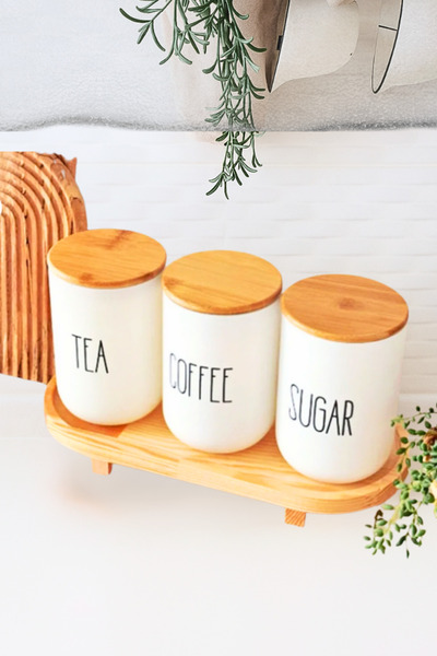 Penthouse Wooden Stand and Set of 3 Tea/Coffee/Sugar Glass Jars (1000 ml)