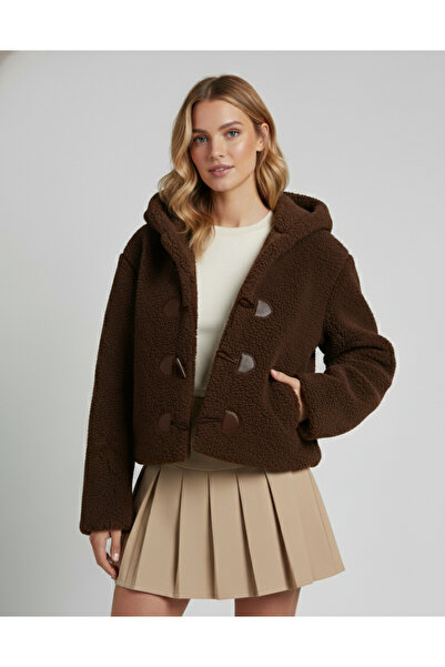 ZEYNEP RANA Women's Plush Hooded Ornamented Buttoned Jacket Lined Coat Coat