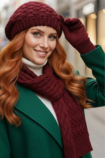 Mood Agenda Women's 3-Piece Knitted Patterned Beanie Scarf Gloves Set