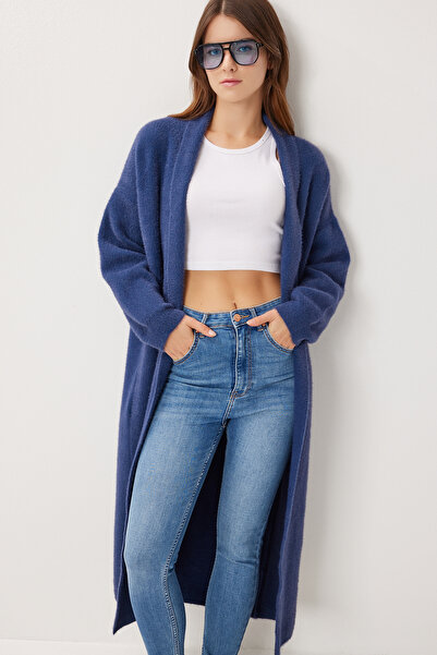 Lovelyİstanbul Soft Textured Long Knit Cardigan Lns0075 Indigo Blue