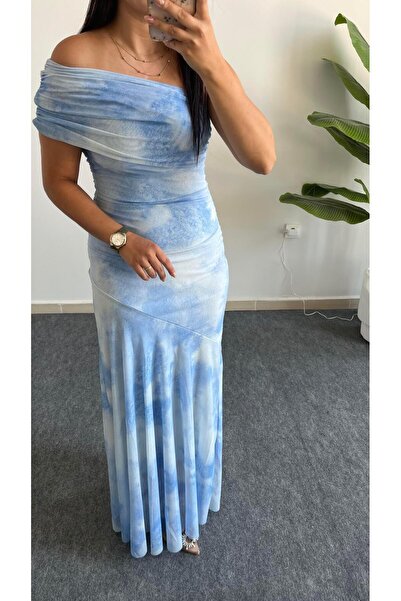 Pera Sandes Tek Omuz Batik Desenli Kruvaze Tül Elbise - Bebe Mavi