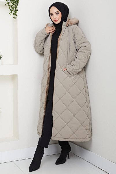 hafsamina Nova Plus Size Quilted Coat Beige Hm2866