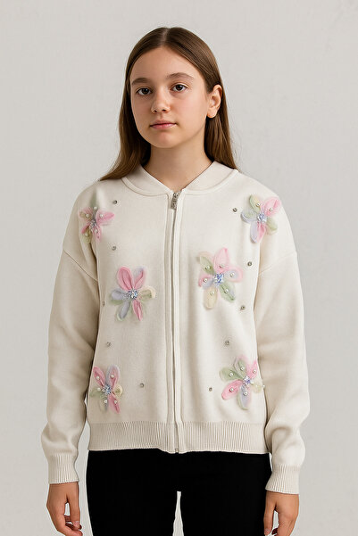 AVSARWEAR Girl's Zippered Tulle Floral Detailed Knitwear College Cardigan