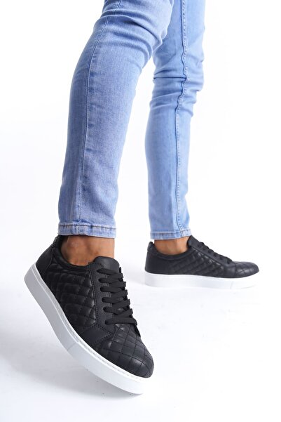 Lucy Shoes Slw166 prestige lace-up skin quilted patterned men's daily sneaker shoes cbt - black