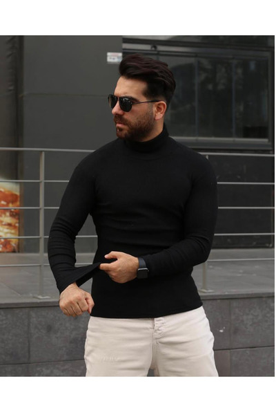 RANESA Black Ribbed Knit Turtleneck Stretch Fabric Sweater