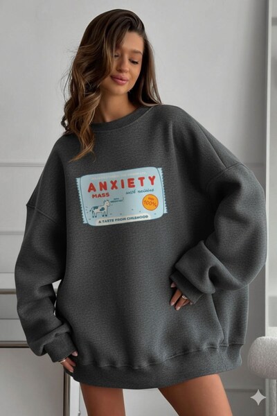 The Champ Clothing Γυναικείο φούτερ oversized Anxiety Bar με τύπωμα Smoked Melange– Crew Neck, 3 Thread Fleece