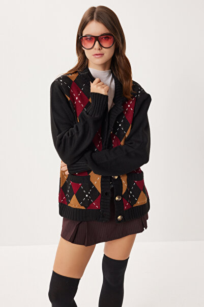 Lovelyİstanbul Baklava Patterned Buttoned Knitwear Cardigan Lxa0007 Black Burgundy