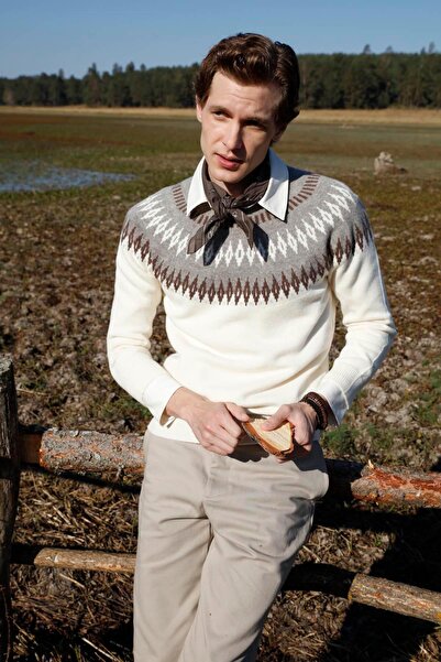 Desen Triko Men's Crew Neck Robe Cashmere Wool Sweater Bone