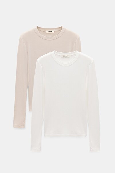 Saade Women's Crew Neck Finger Hole Long Sleeve Bodysuit/Blouse - Pack of 2