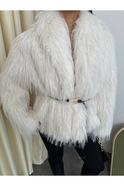 A&O Style Women's Oversized Comfortable Fit Collared Furry Soft Textured Belted Fur Coat