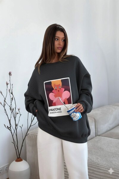 The Champ Clothing Γυναικείο φόρεμα oversized Sweat Smoked Melange - 3 Thread Ş επένδυση fleece Crew Neck, Pantone - με στάμπα πριγκίπισσας