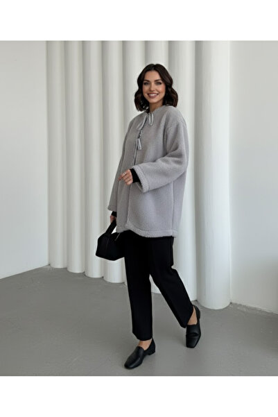 My Blog Gray Front Tie Teddy Jacket-7328