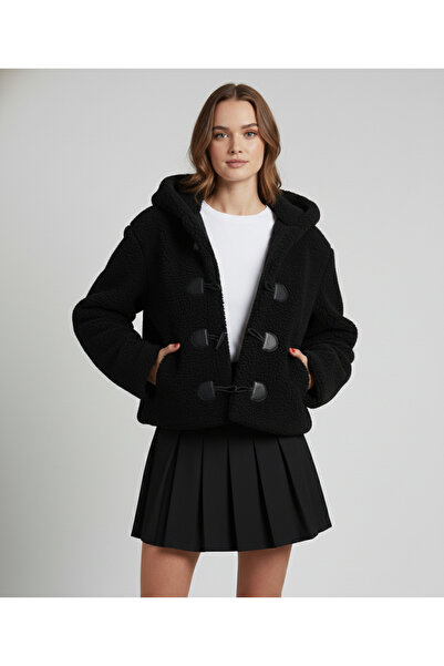 ZEYNEP RANA Women's Plush Hooded Ornamented Buttoned Jacket Lined Coat Coat