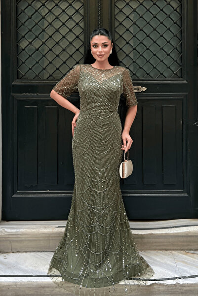 giyimmasalı Φόρεμα με σχέδιο από ύφασμα με χάντρες - ΧΑΚΙ ΠΡΑΣΙΝΟ