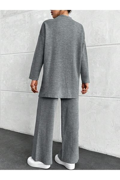 Puella Tkm0005 Women's Gray Glitter Half Turtleneck Pique Sweater-Pants Knitwear Set