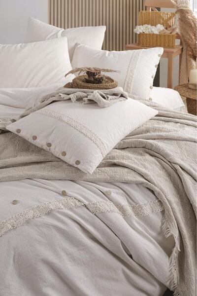 Çeyiz Diyarı Grace 7 Piece 100% Cotton Double Bed Piqué Duvet Cover Set Ecru