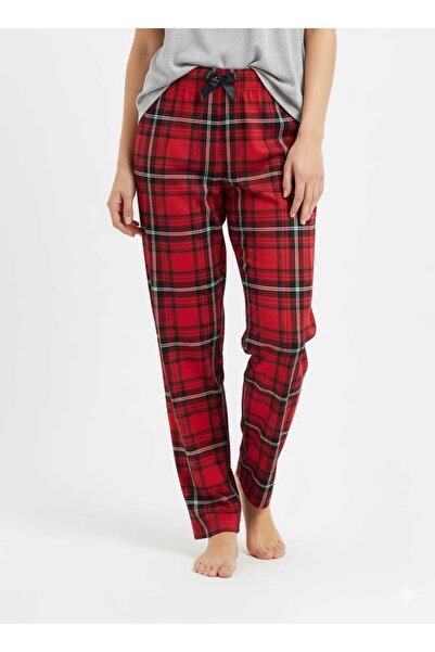 Lady Queen Women's High Quality Ring Viscose Red Plaid Patterned Elastic Waist Comfortable Soft Pajama Set