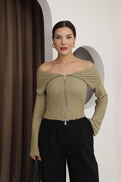 İgnites Mink Madonna Collar Double Zipper Wrinkled Blouse-Igni̇tes-00004