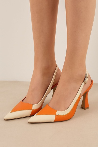 defile ayakkabi Kadın Turuncu beyaz Detaylı Topuklu ayakkabı