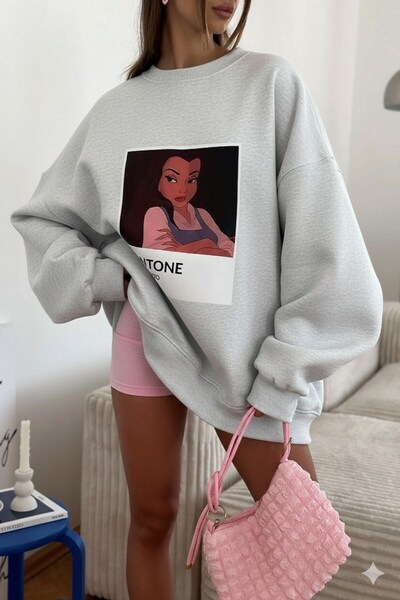The Champ Clothing Γυναικείο φόρεμα oversized Sweat Grey Melange - 3 Thread Ş επένδυση fleece Crew Neck, Pantone - με στάμπα πριγκίπισσας