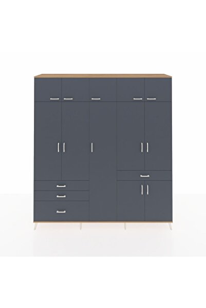 Dienni Hyperion Dolap 11 Raflı 4 Çekmeceli 2 Askılı 220x44x243 Çam-Antrasit/A...
