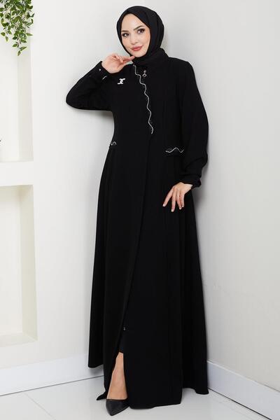 hafsamina Plus Size Ferace with Brooch Black Hm2843