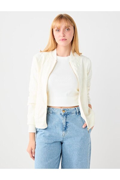 Jimmy Key Ecru Embossed Patterned Zippered Knitted Jacket