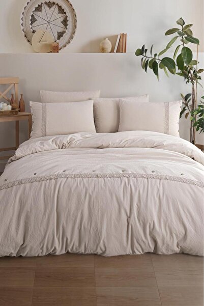 Çeyiz Diyarı طقم غطاء لحاف مزدوج من القطن 100% مكون من 6 قطع من جريس، لون بيج