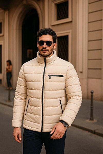 comstar Men's Comfort Zippered Casual Winter Cream Puffer Jacket