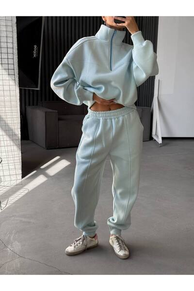 Elia Swimwear Women's Tracksuit Thick Cotton Oversize Sweatshirt And Pants Blue Mint Ariana