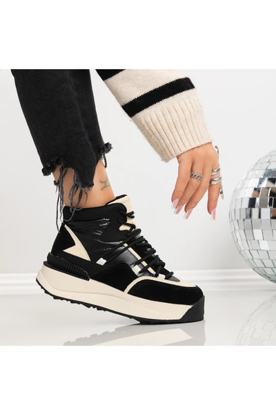 mei Γυναικείες Μπότες LF81182-1 Μαύρο-Κρεμ