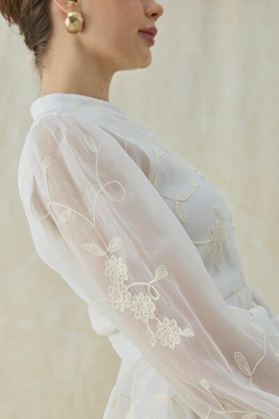 Elbee Fashion Woman Layered Chiffon Dress with Floral Embroidery Detail