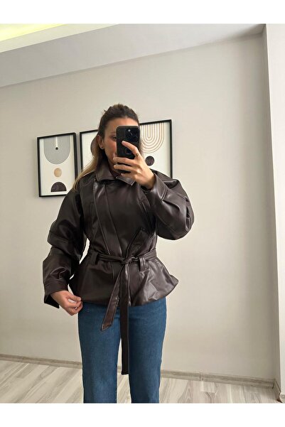 TB Butik Кожено яке с колан, светлокафяво, премиум кожа