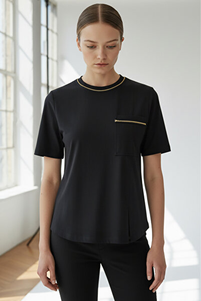 Allyco Crew Neck Striped Detail Pocket Regular Knitted Black T-Shirt