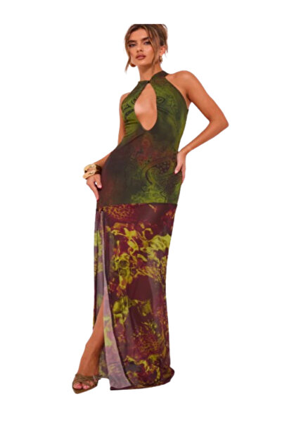 Pretty Little Thing Green Printed mesh maxi dress with a daring slit
