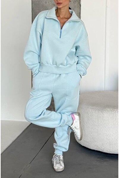Elia Swimwear Women's Tracksuit Thick Cotton Oversize Sweatshirt And Pants Blue Mint Ariana