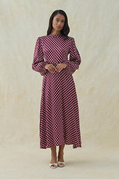 Elbee Fashion Woman Rochie cu curea cu detaliu cu buline burgundy