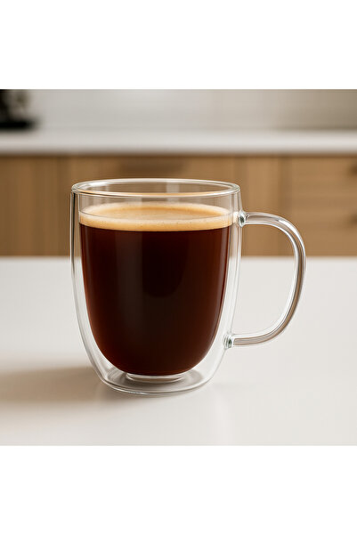 İnterlife Double Wall Heat Resistant Glass Cup with Handle Large Size Mug Mug 400 ml