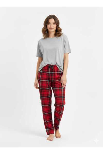 Lady Queen Women's High Quality Ring Viscose Red Plaid Patterned Elastic Waist Comfortable Soft Pajama Set