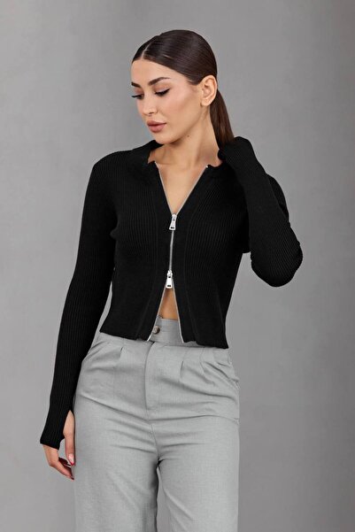 MY DEPO Cardigan scurt din tricot pentru femei, cu fermoar cu două direcții