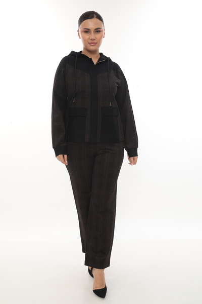 EXİTLİNE Women's Winter Striped Pocket Zippered Hooded Brown Tracksuit Set